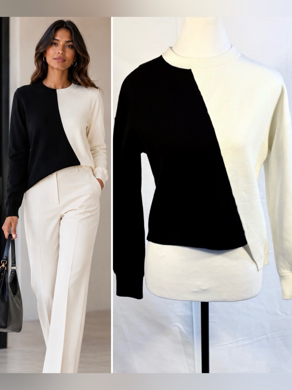 ♨️Alice + Olivia Black Cream Colorblock Asymmetric Hem Sweater – Size XS💛